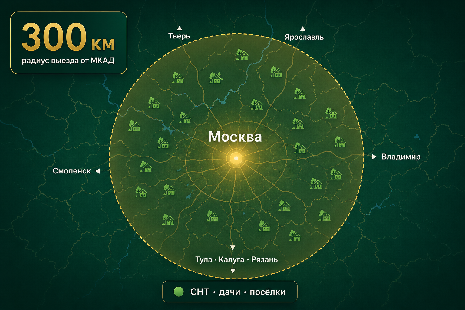 Зона выезда 300 км от МКАД: Москва, Подмосковье, Тула, Калуга, Тверь, Владимир, Смоленск